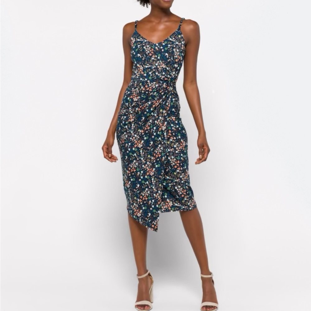 Nine Britton Floral Knot Wrap Style Dress in Blue with Asymmetrical Hem
